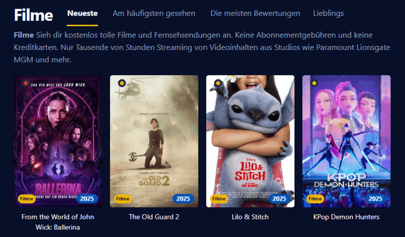 Bildschirmfoto der Kinokiste Webseite im Retro Design mit grünem Text auf dunklem Untergrund